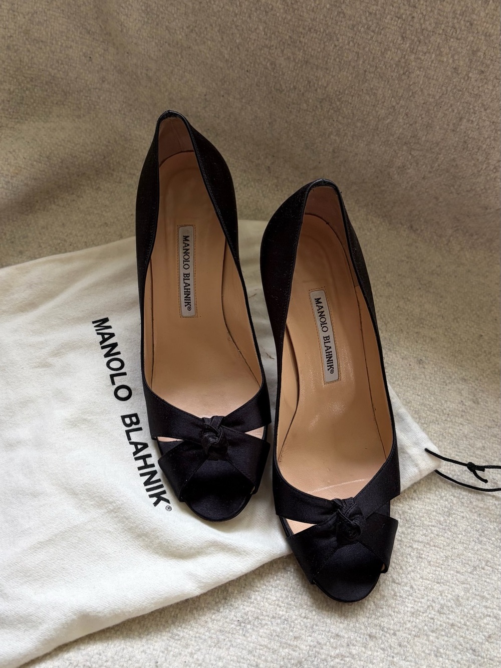 Manolo Blahnik Black Satin Peep-Toe Pumps with Knotted Bow Detail